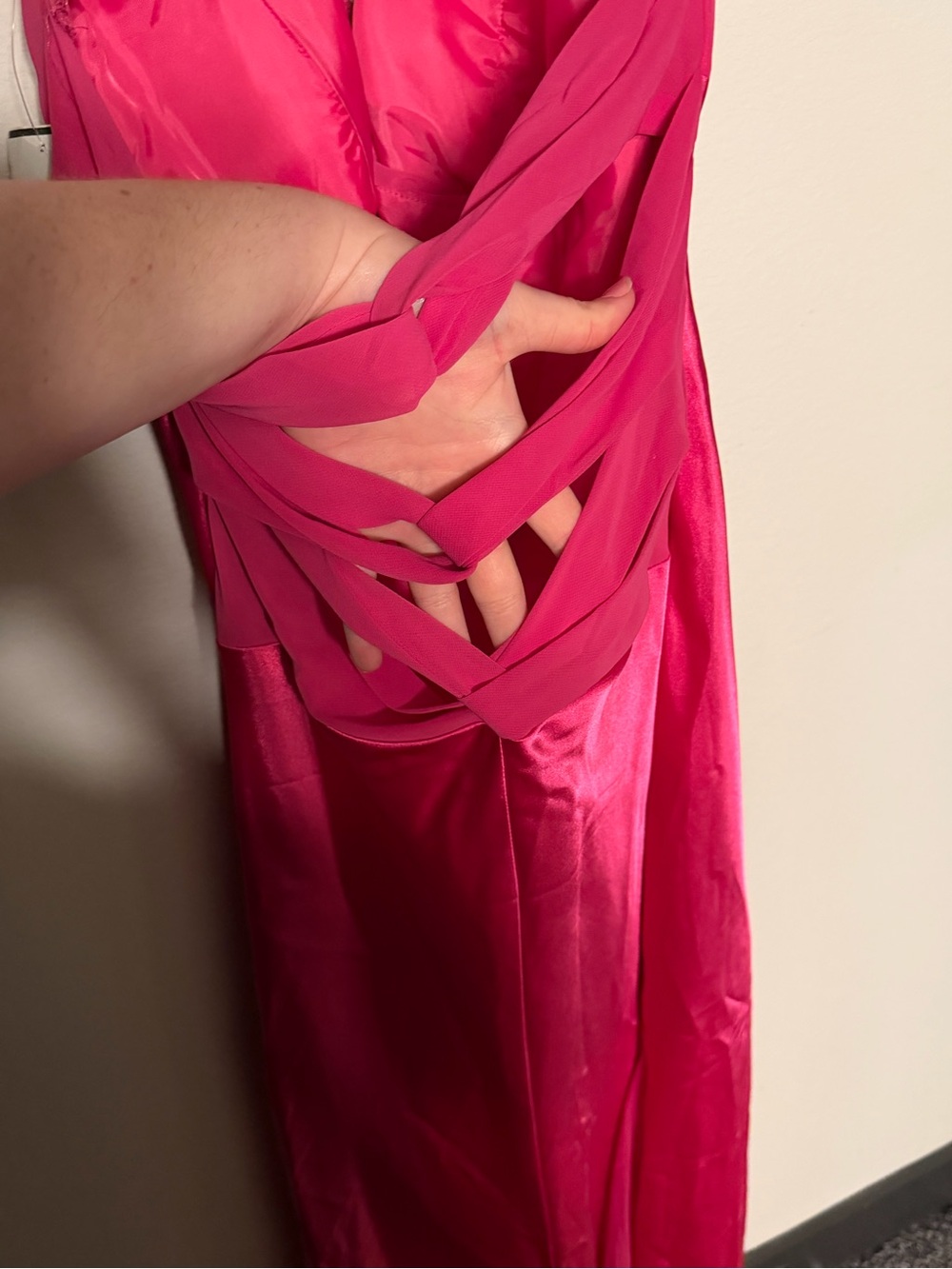 Hot Pink Halter Satin Evening Dress - Picture 4 of 5